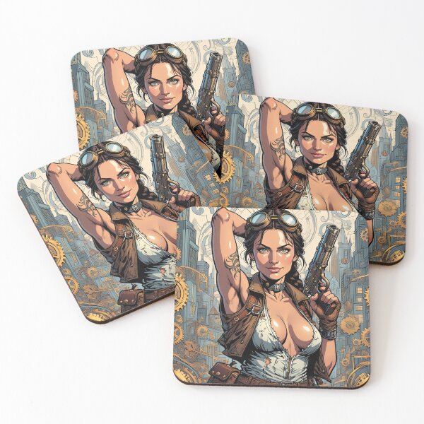 Item preview,  Steampunk Girl with gun wearing a leather vest on a detailed industrial background designed and sold by Vintage Designs +.
