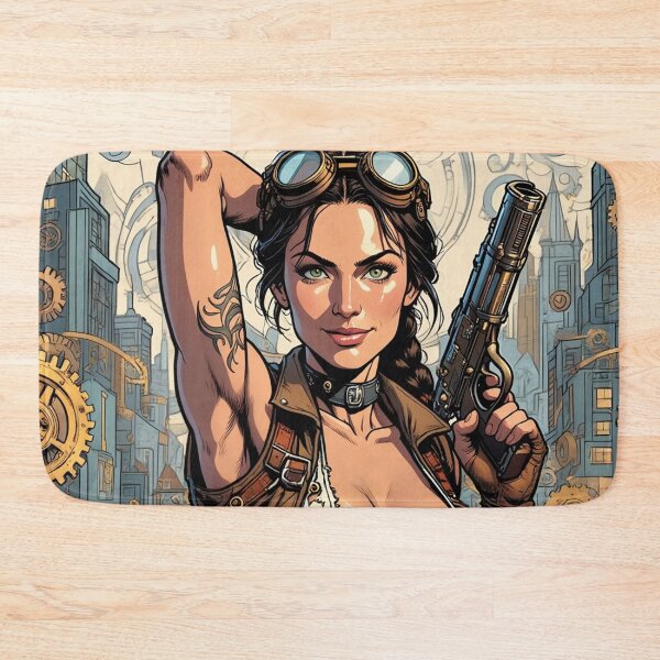 Item preview,  Steampunk Girl with gun wearing a leather vest on a detailed industrial background designed and sold by Vintage Designs +.
