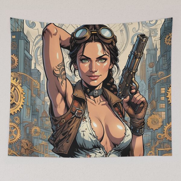 Item preview,  Steampunk Girl with gun wearing a leather vest on a detailed industrial background designed and sold by Vintage Designs +.