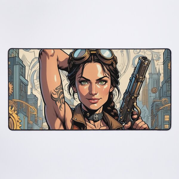 Item preview,  Steampunk Girl with gun wearing a leather vest on a detailed industrial background designed and sold by Vintage Designs +.