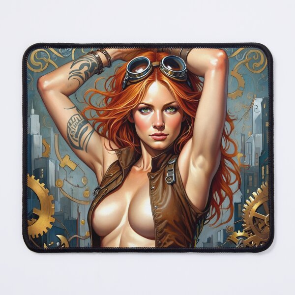 Item preview, Steampunk Girl with gun wearing a leather vest on a detailed industrial background designed and sold by Vintage Designs +.