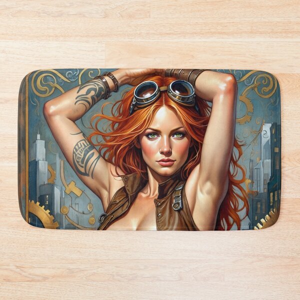 Item preview,  Steampunk Girl with gun wearing a leather vest on a detailed industrial background designed and sold by Vintage Designs +.