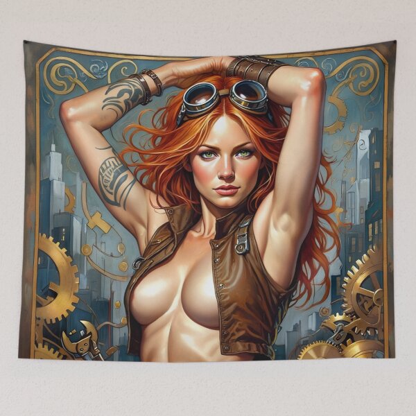 Item preview,  Steampunk Girl with gun wearing a leather vest on a detailed industrial background designed and sold by Vintage Designs +.