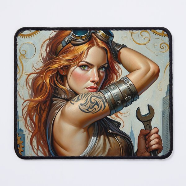 Item preview, Steampunk Girl with gun wearing a leather vest on a detailed industrial background designed and sold by Vintage Designs +.