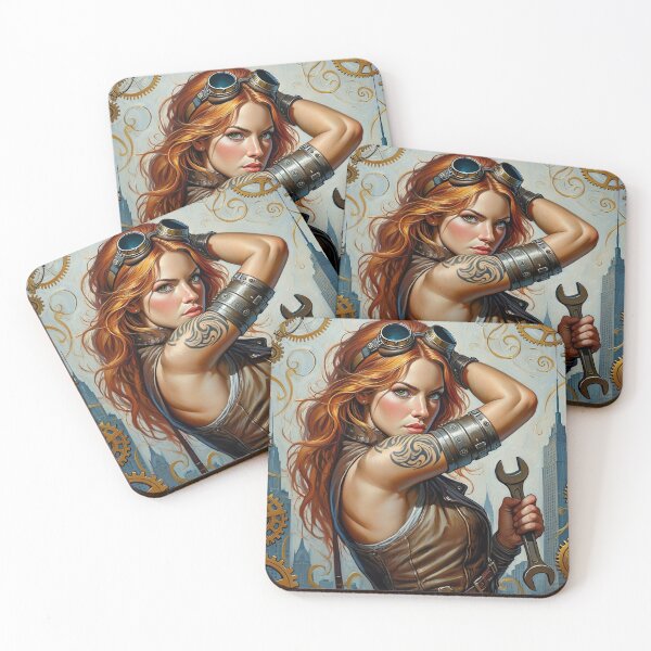 Item preview, Steampunk Girl with gun wearing a leather vest on a detailed industrial background designed and sold by Vintage Designs +.