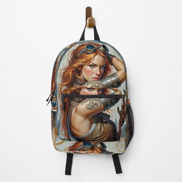 Item preview, Steampunk Girl with gun wearing a leather vest on a detailed industrial background designed and sold by Vintage Designs +.