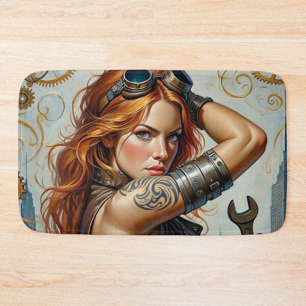 Item preview, Steampunk Girl with gun wearing a leather vest on a detailed industrial background designed and sold by Vintage Designs +.