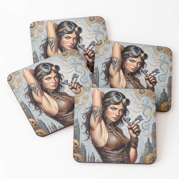 Item preview, Steampunk Girl with gun wearing a leather vest on a detailed industrial background designed and sold by Vintage Designs +.