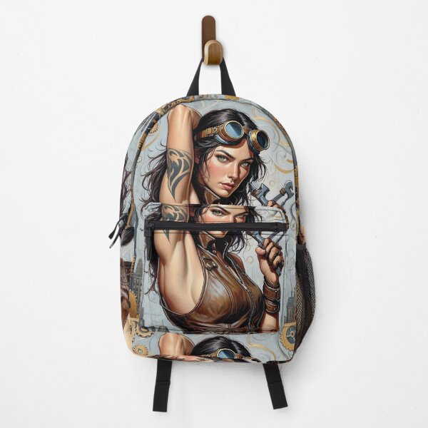 Item preview, Steampunk Girl with gun wearing a leather vest on a detailed industrial background designed and sold by Vintage Designs +.