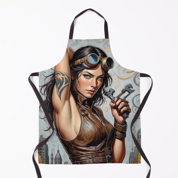 Item preview, Steampunk Girl with gun wearing a leather vest on a detailed industrial background designed and sold by Vintage Designs +.