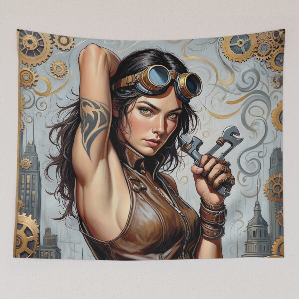 Item preview, Steampunk Girl with gun wearing a leather vest on a detailed industrial background designed and sold by Vintage Designs +.