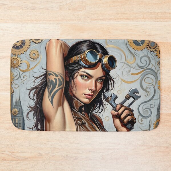 Item preview, Steampunk Girl with gun wearing a leather vest on a detailed industrial background designed and sold by Vintage Designs +.