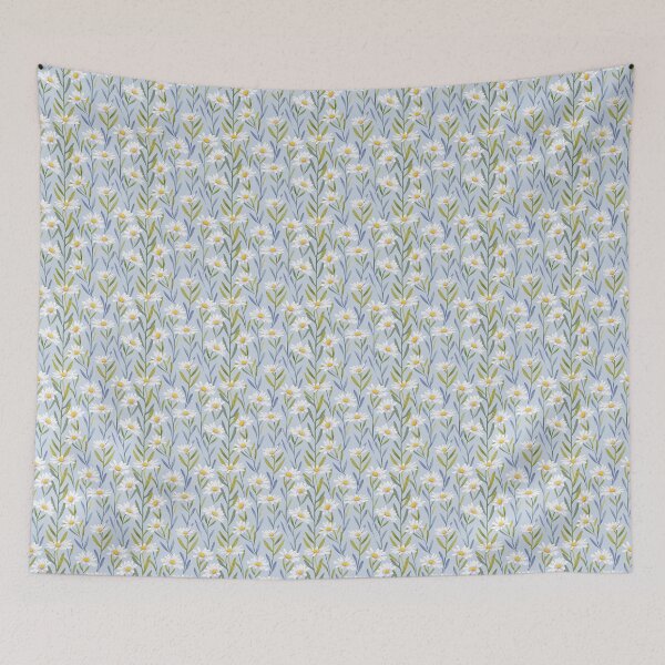 Item preview, white daisies on light blue background designed and sold by PoppyLaneStudio.