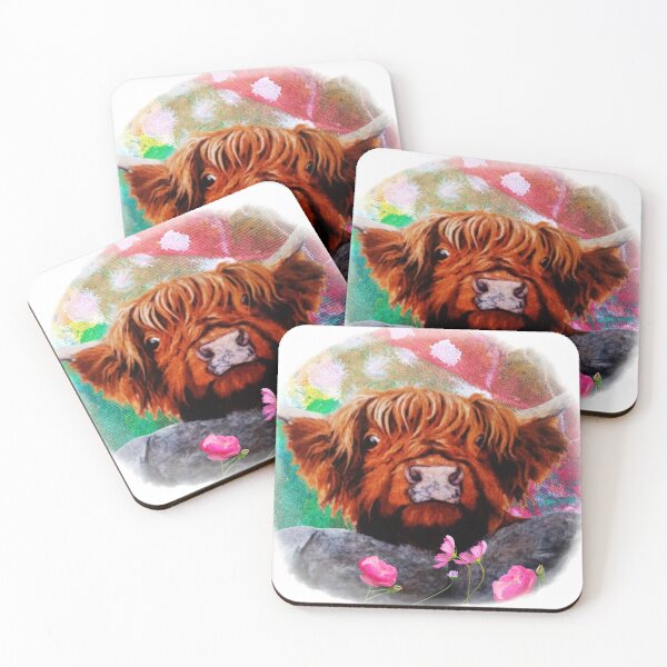 Item preview, Scotish cattle, highland cow, farm animals, pink flowers designed and sold by NessArtByEwa.