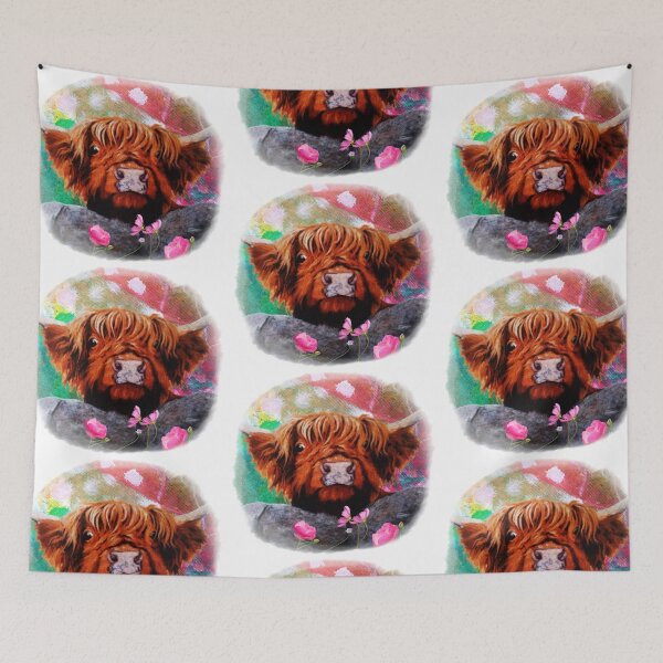 Item preview, Scotish cattle, highland cow, farm animals, pink flowers designed and sold by NessArtByEwa.
