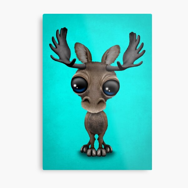 Cute Curious Baby Moose Calf with Big Eyes on Blue Metal Print