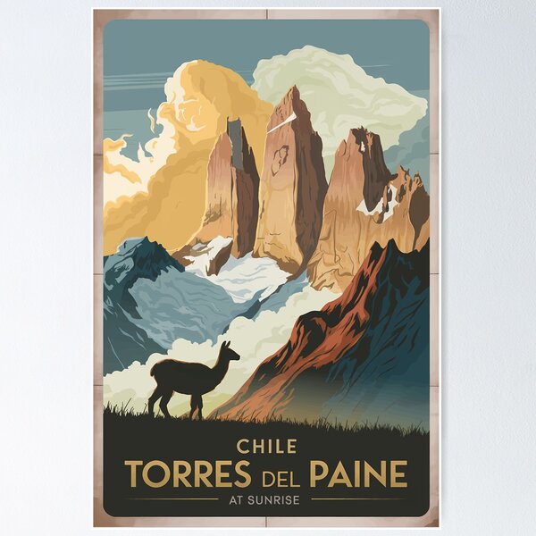 Torres del Paine Chile Illustration Travel Art Vintage Poster