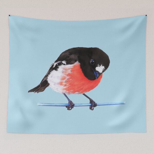 Aperçu de l'œuvre Scarlet Robin sur fond bleu pâle créée et vendue par DingbatDesigns.