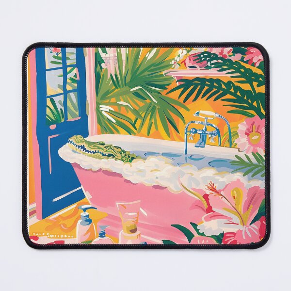 Item preview, Alligator In Bathtub Funny Poster, Mid Century Art, Matisse Print, Pink Bathroom Decor, Tropical Floral Wall Art designed and sold by wrosenthal-st.