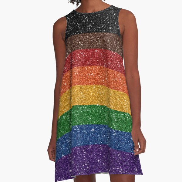 Faux Glitter Inclusive Rainbow Pride Flag Background A-Line Dress