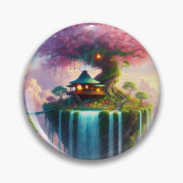 Item preview, Floating Cherry Blossom Island – Dreamy Fantasy Waterfall Treehouse Art designed and sold by AlphaPODMonkey.