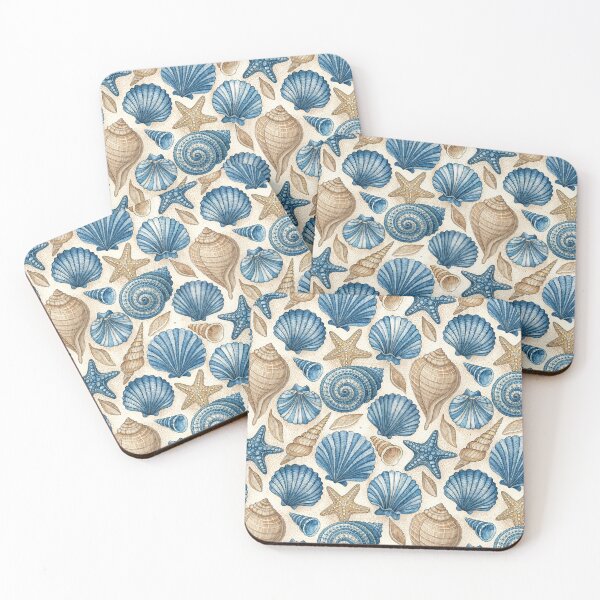 Item preview, Blue and sand beige seashell pattern, handpainted watercolor art designed and sold by patterncrow.