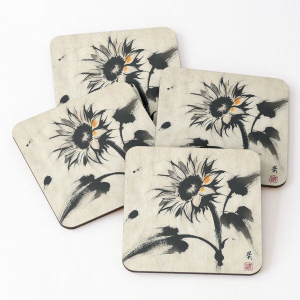 Item preview, sunflower rendered in the traditional Japanese sumi-e ink painting designed and sold by Random Designs.