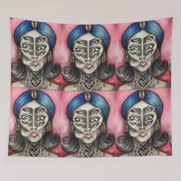 Item preview, Hourglass - Fortune Teller with Multiple Eyes and Neck Tattoo Pen and Ink Watercolor Art designed and sold by The Art of Ella Lim.