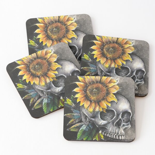 Item preview, Sunflower Mortem Pen and Ink Watercolor Drawing of a Sunflower with Skull designed and sold by The Art of Ella Lim.