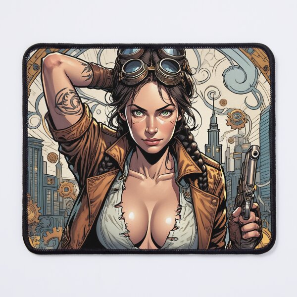 Item preview, Steampunk Girl with gun wearing a leather vest on a detailed industrial background designed and sold by Vintage Designs +.