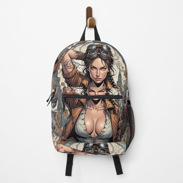 Item preview, Steampunk Girl with gun wearing a leather vest on a detailed industrial background designed and sold by Vintage Designs +.