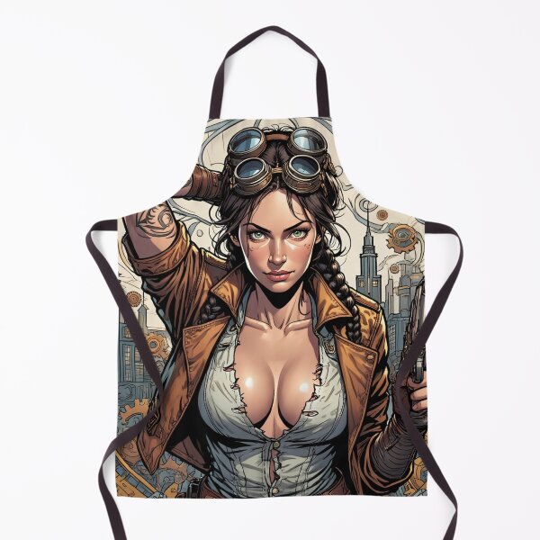 Item preview, Steampunk Girl with gun wearing a leather vest on a detailed industrial background designed and sold by Vintage Designs +.