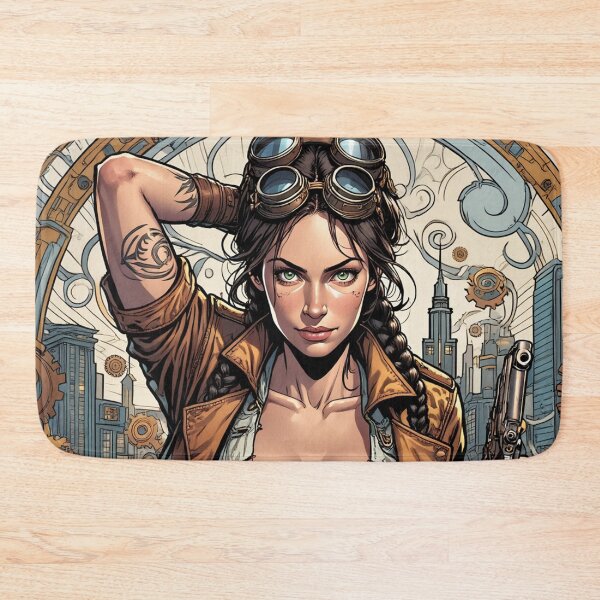 Item preview, Steampunk Girl with gun wearing a leather vest on a detailed industrial background designed and sold by Vintage Designs +.