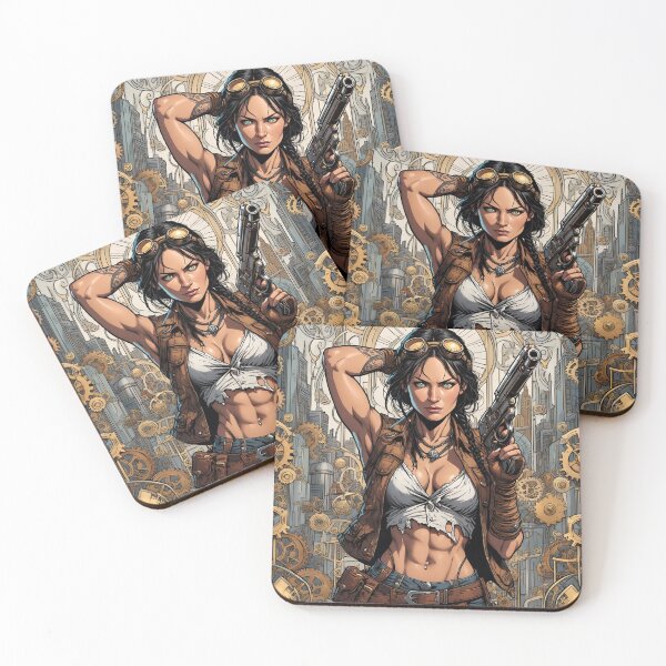 Item preview, Steampunk Girl with gun wearing a leather vest on a detailed industrial background designed and sold by Vintage Designs +.