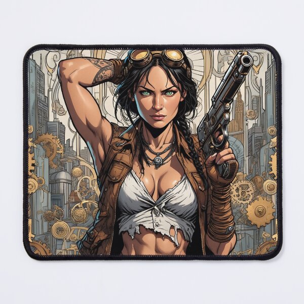 Item preview, Steampunk Girl with gun wearing a leather vest on a detailed industrial background designed and sold by Vintage Designs +.