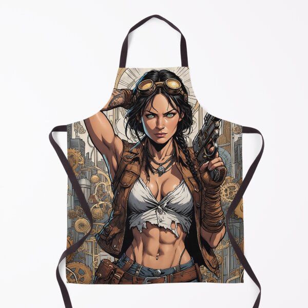 Item preview, Steampunk Girl with gun wearing a leather vest on a detailed industrial background designed and sold by Vintage Designs +.