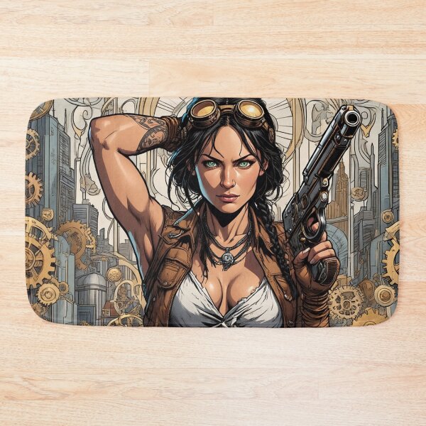 Item preview, Steampunk Girl with gun wearing a leather vest on a detailed industrial background designed and sold by Vintage Designs +.