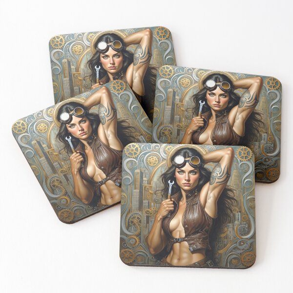 Item preview,  Steampunk Girl with gun wearing a leather vest on a detailed industrial background designed and sold by Vintage Designs +.