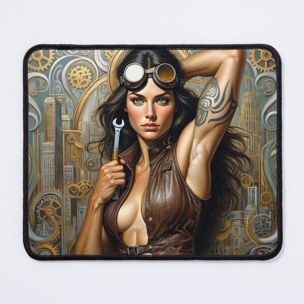 Item preview,  Steampunk Girl with gun wearing a leather vest on a detailed industrial background designed and sold by Vintage Designs +.
