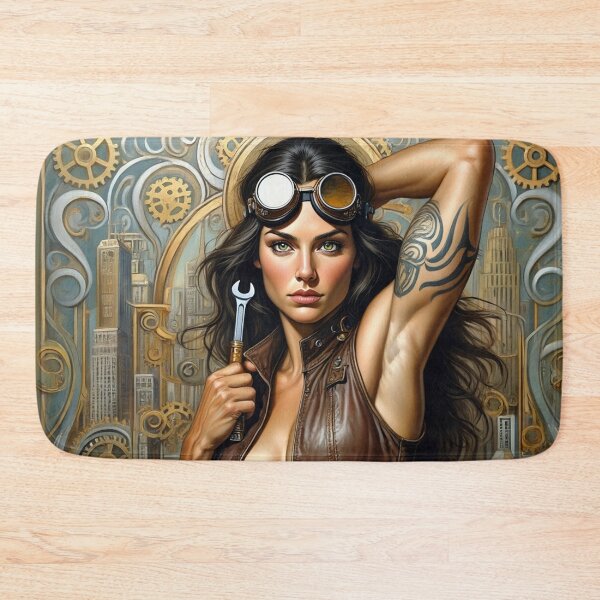 Item preview,  Steampunk Girl with gun wearing a leather vest on a detailed industrial background designed and sold by Vintage Designs +.