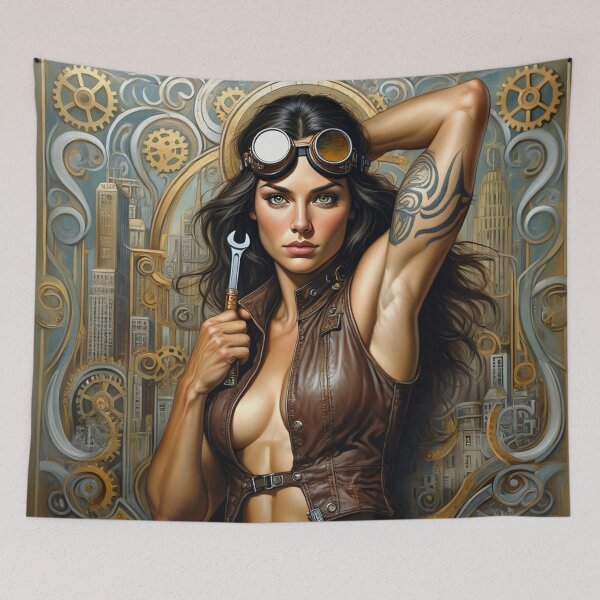 Item preview,  Steampunk Girl with gun wearing a leather vest on a detailed industrial background designed and sold by Vintage Designs +.