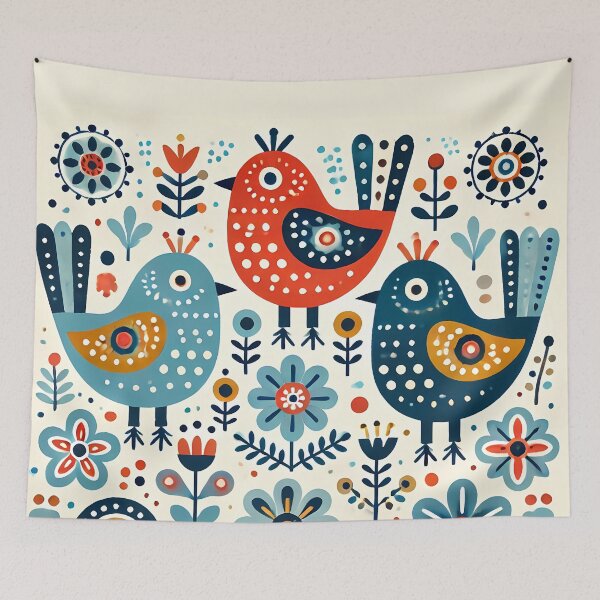 Item preview, Scandinavian Folk Art Three Birds – Harmony, Nature, Nordic Symbolism by heidiannemorris designed and sold by FOLK ART FUSION.