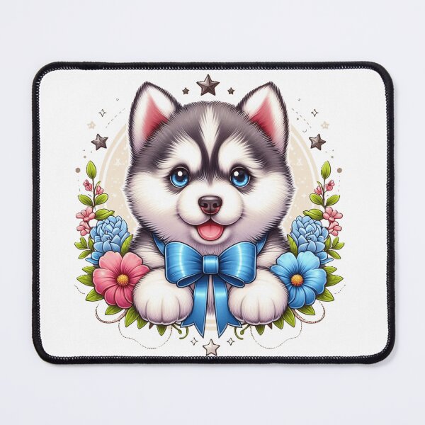 Item preview, Super cute siberian husky, with blue bow and flowers designed and sold by nicnacc.