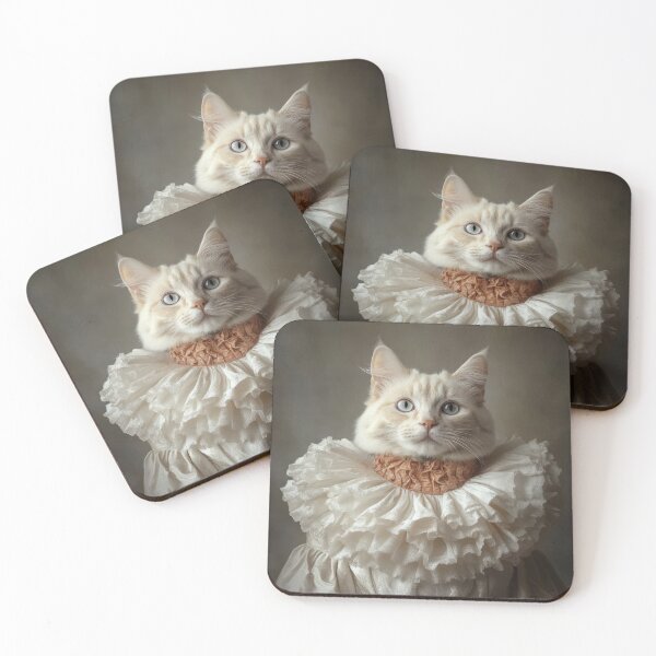 Item preview, White cat wearing an elaborate ruffled collar reminiscent of attire from the Renaissance or Baroque period. designed and sold by Julia Shepeleva.