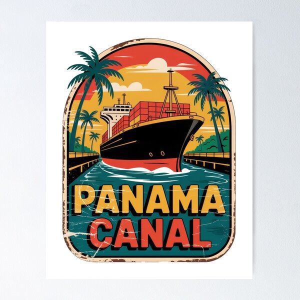 Item preview, Panama Canal Sticker – Retro Cargo Ship & Tropical Vintage Design designed and sold by pod24.
