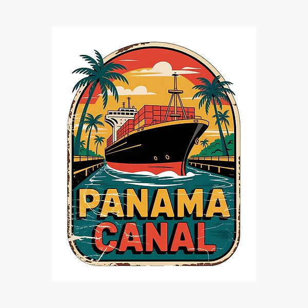 Item preview, Panama Canal Sticker – Retro Cargo Ship & Tropical Vintage Design designed and sold by pod24.