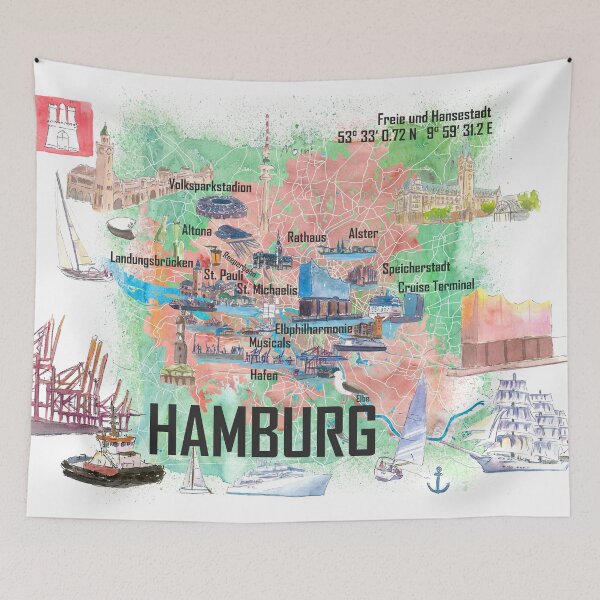 Item preview, Hamburg Germany Illustrated Travel Map with Tourist Highlights designed and sold by artshop77.