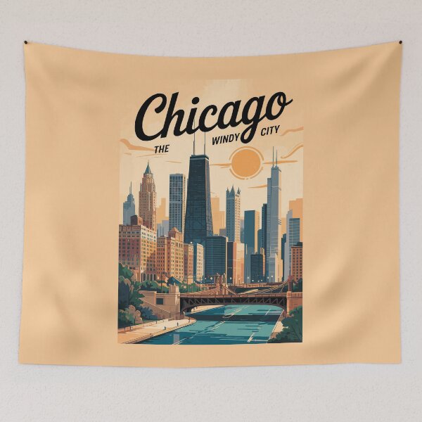Item preview, Chicago Illinois Skyline Travel Art Vintage designed and sold by KrisSidDesigns.