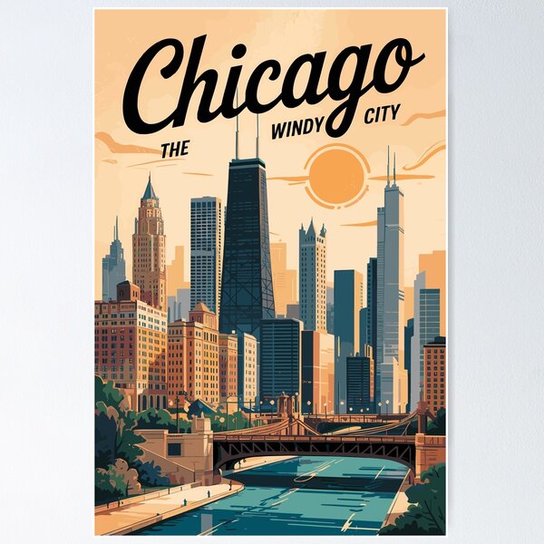 Vista previa del artículo con la obra «Arte de viaje vintage del horizonte de Chicago, Illinois», diseñado y vendido por KrisSidDesigns.
