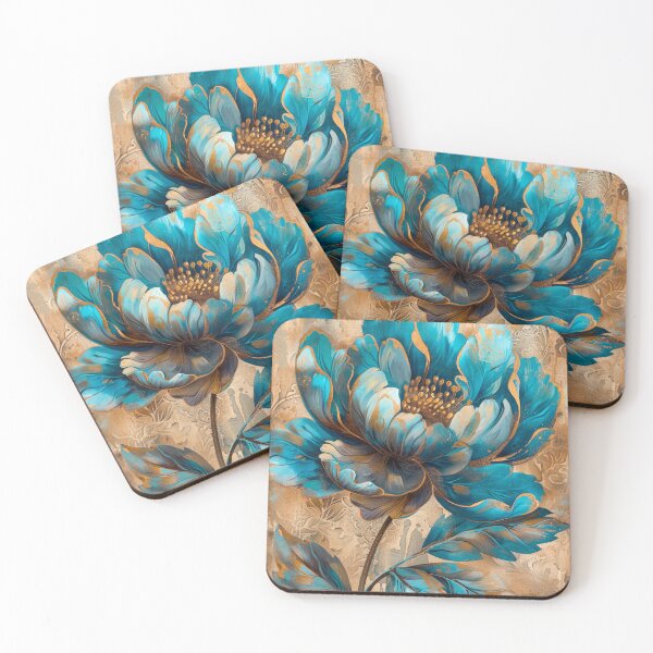 Item preview, Golden, Blue and Teal Peony Flower Painting designed and sold by MargaretWiktor.